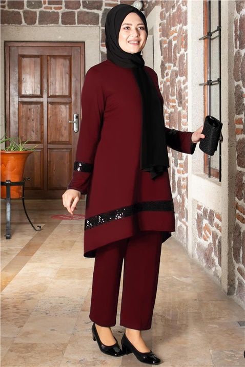 Sequin Detailed Tunic Trouser Suit Claret Red FHM806FHM806-MÜRDÜMFahima