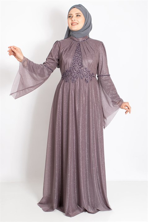 Volan Sleeve Detailed Stone Embroidered Silvery Evening Dress Lavender MDA2252MDA2252-LAVANTAMDA