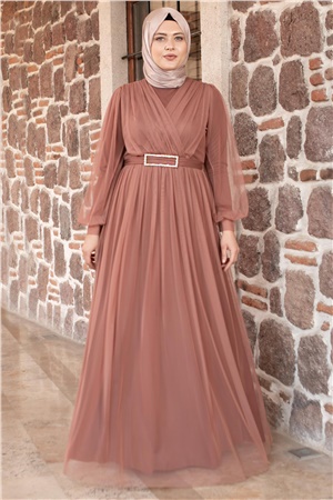 Tulle Detailed Evening Dress Dried Rose  FHM777FHM777-GÜL KURUSUFahima