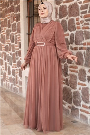 Tulle Detailed Evening Dress Dried Rose  FHM777FHM777-GÜL KURUSUFahima