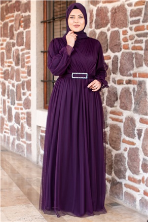 Tulle Detailed Evening Dress Purple FHM777FHM777-MORFahima