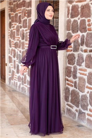 Tulle Detailed Evening Dress Purple FHM777FHM777-MORFahima