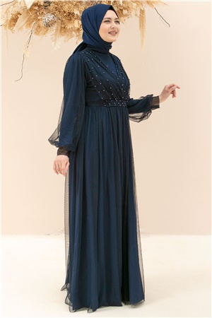 Pearl Stone Detailed Tulle Evening Dresses Dark Blue FHM830FHM830-LACİVERTFahima