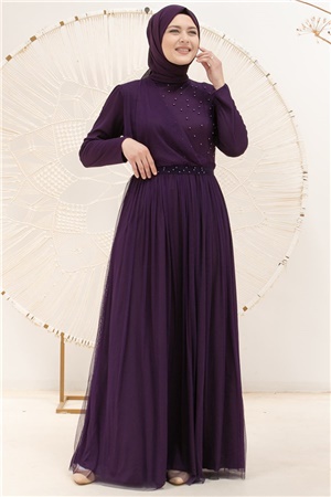 Pearl Detailed Arched Tulle Evening Dress Dress Purple FHM831FHM831-MORFahima