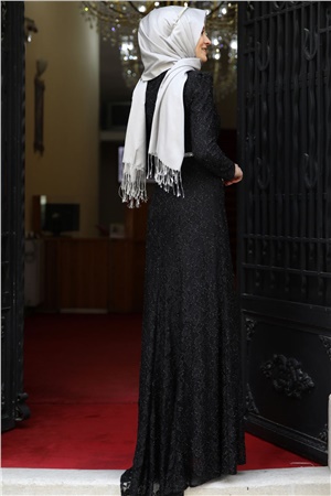 Evening Dress - Lace - Full Lined - High Collar - Black - AMH125AMH125-SİYAHKategorisiz