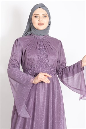 Volan Sleeve Detailed Stone Lilac Silvery Evening Dress Lavender MDA2252MDA2252-LİLAMDA