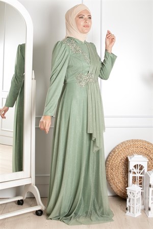 Guipure Detailed Silvery Evening Dress Green MDA2260MDA2260-YEŞİLMDA