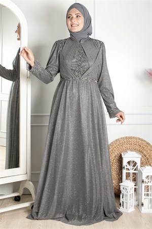 Guipure Detailed Silvery Princess Model Evening Dress Grey MDA2262MDA2262-GRİMDA
