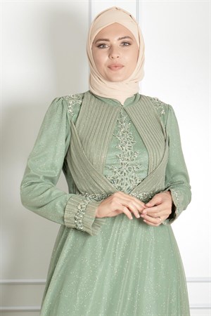 Guipure Detailed Silvery Princess Model Evening Dress Green MDA2262MDA2262-YEŞİLMDA