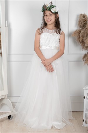 Tulle Children's Evening Dresses with Lace Details Ecru MDV304MDV304-EKRUModaviki